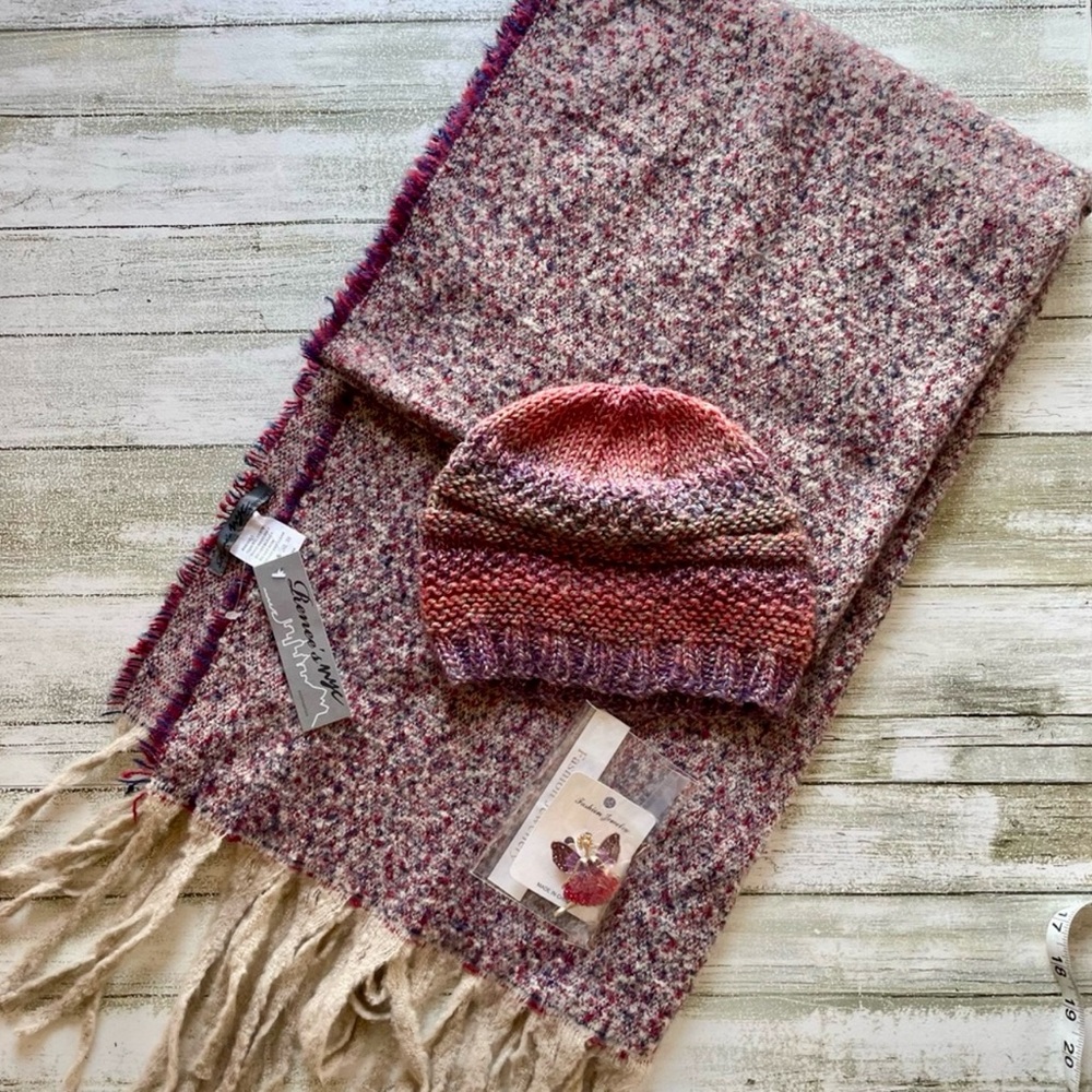 Set of New Purple Scarf, Handmade Knit Hat and a Fairy Brooch